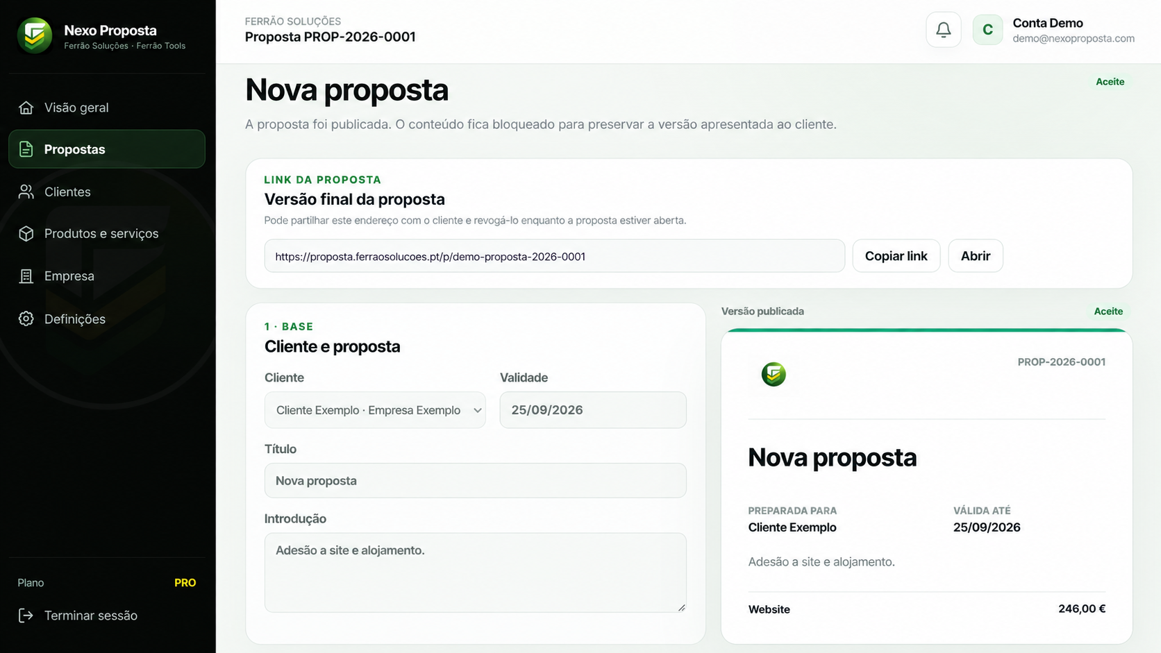 Edição e pré-visualização de uma proposta no Nexo Proposta