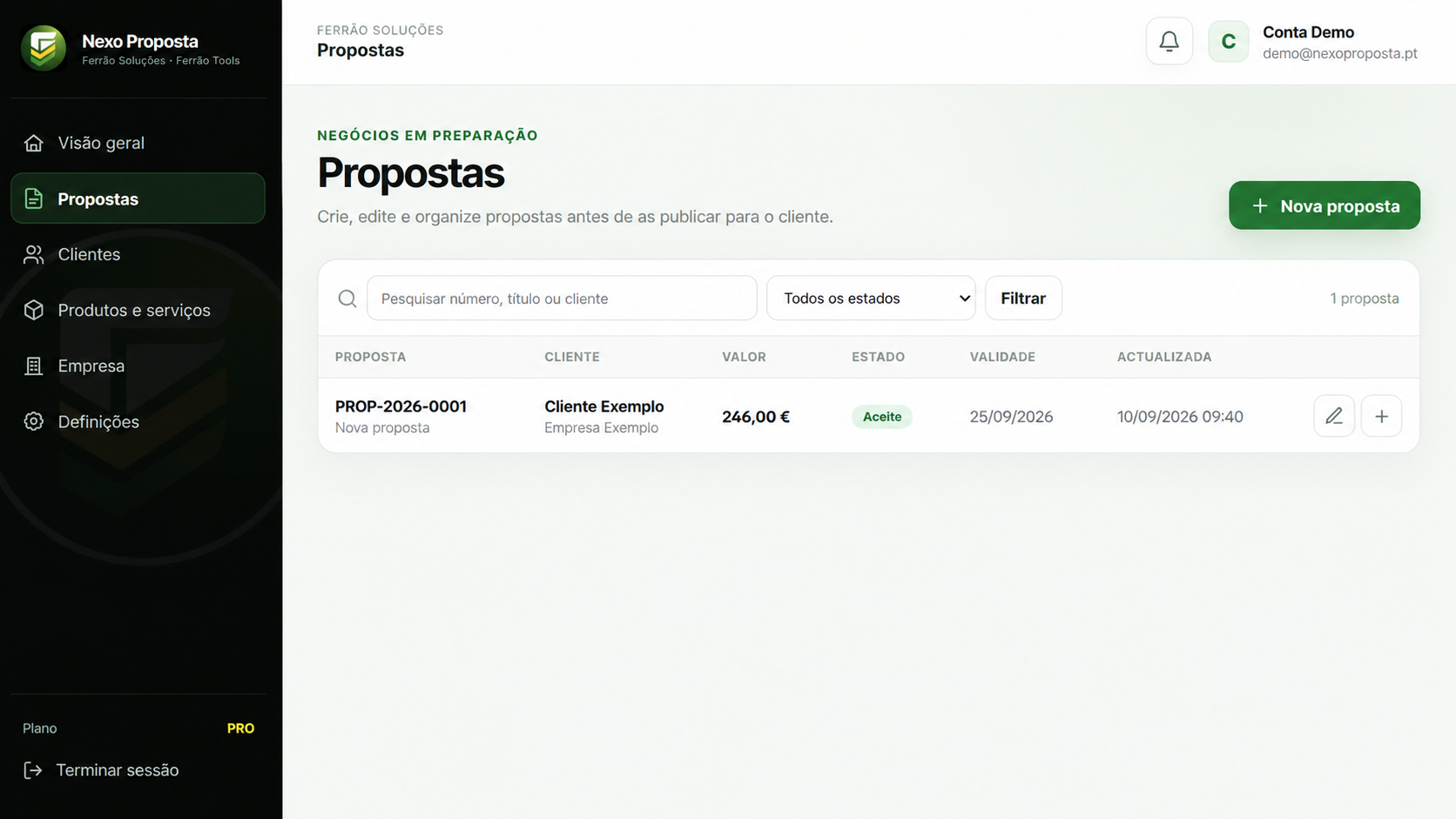 Lista de propostas e estados no Nexo Proposta