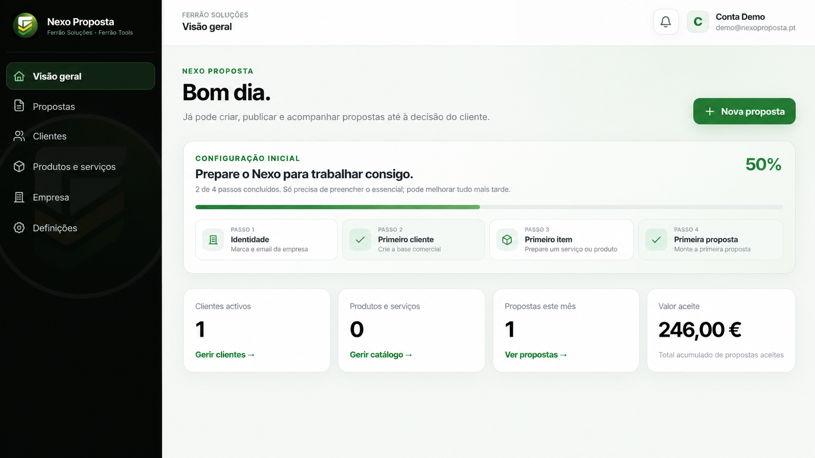 Pré-visualização demonstrativa do Nexo Proposta