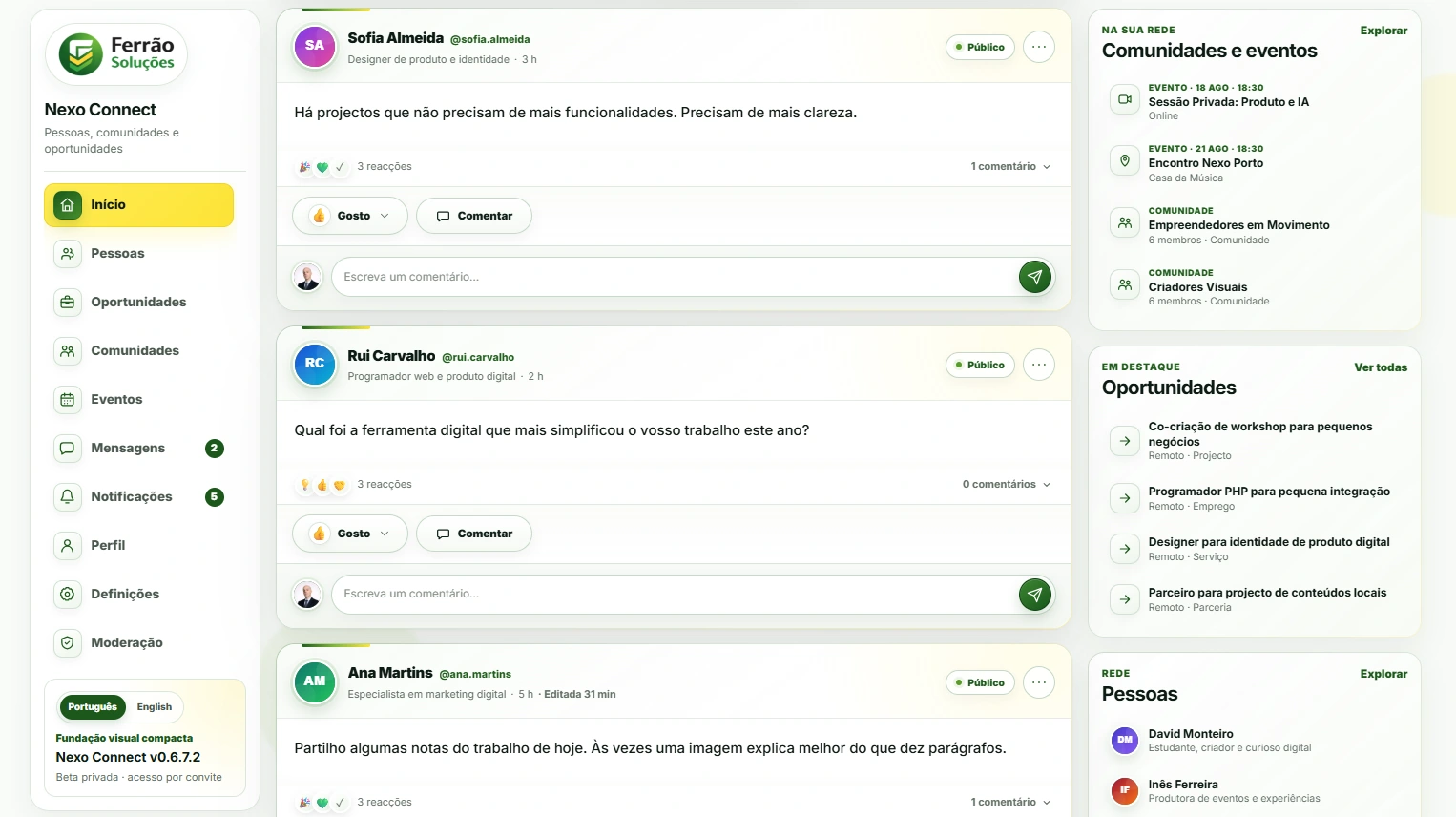 Feed do Nexo Connect com publicações, comentários, comunidades, eventos e oportunidades