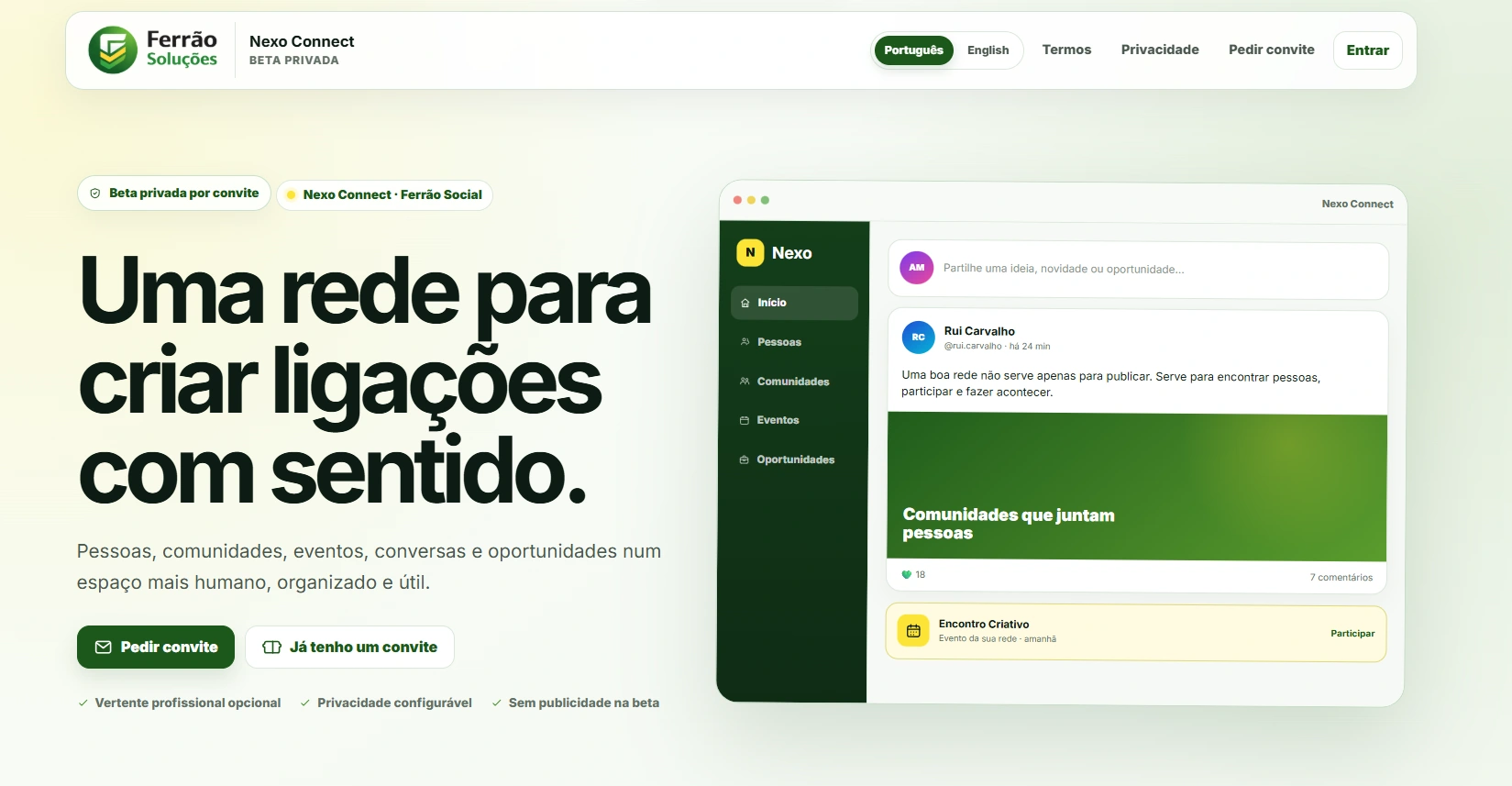 Página pública do Nexo Connect em beta privada, com pedido de convite e apresentação da rede
